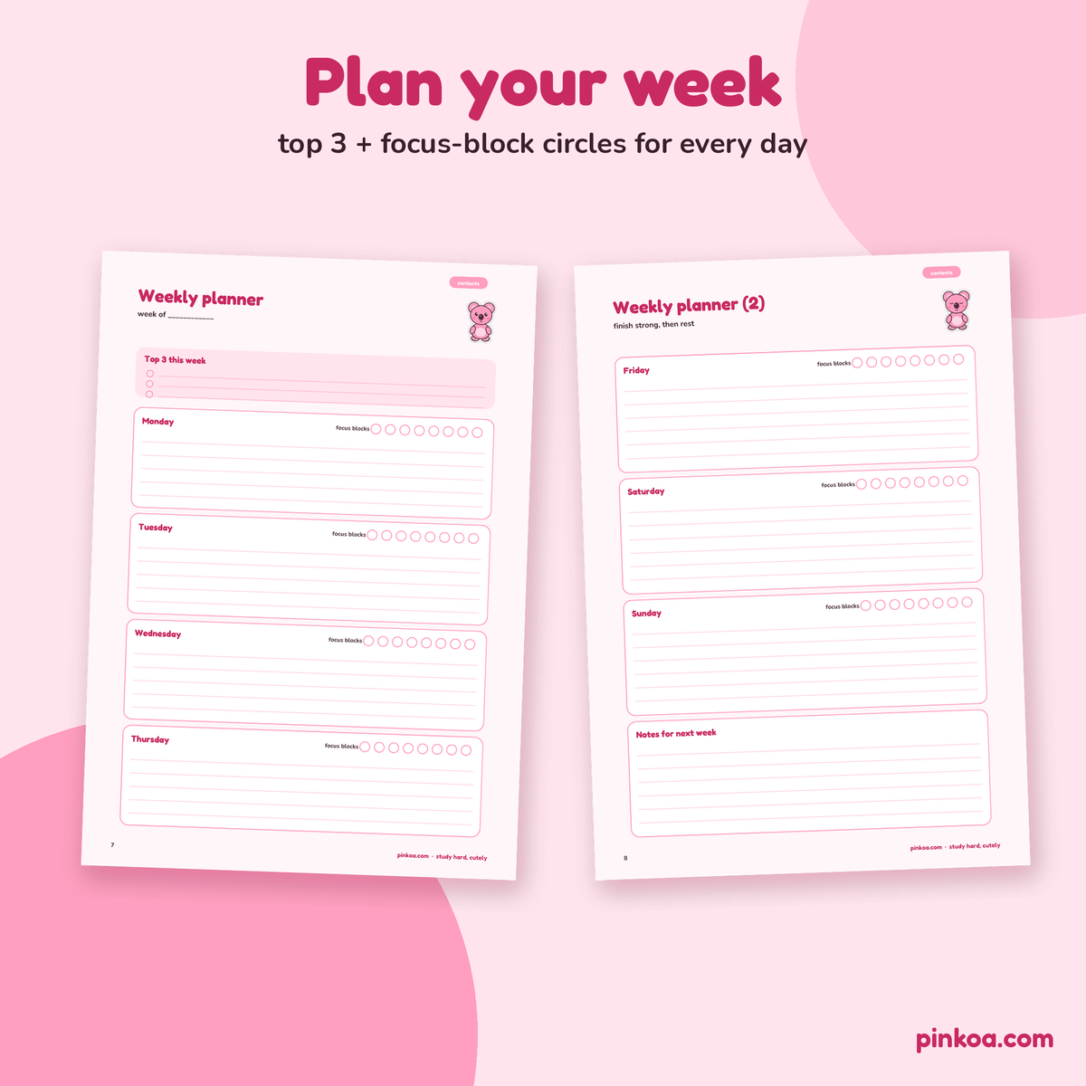 Weekly planner pages