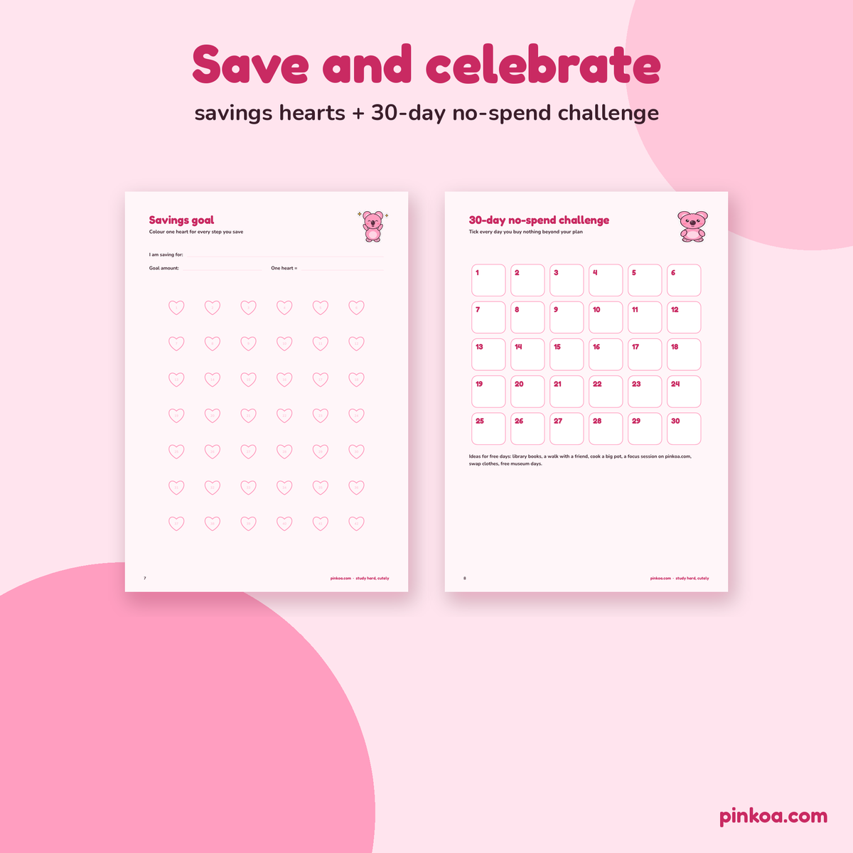 Savings hearts and 30-day no-spend challenge pages