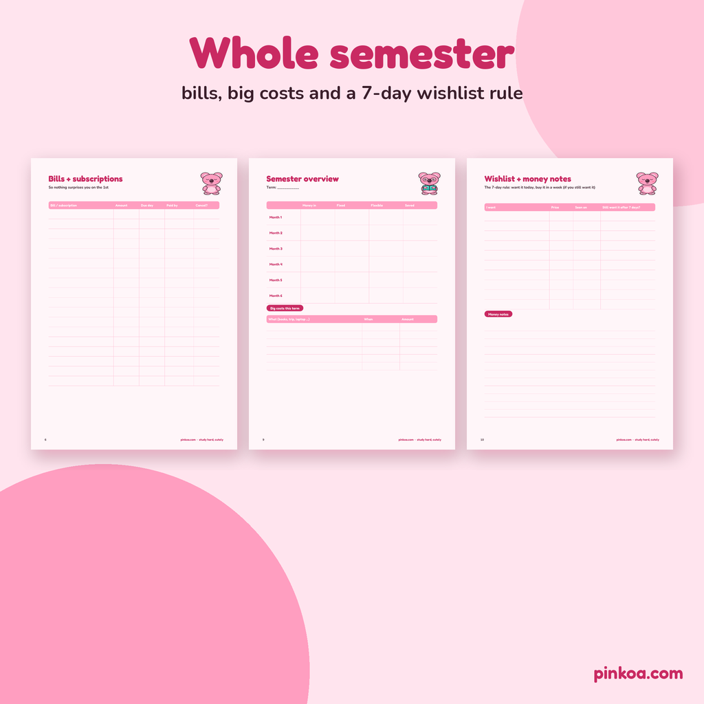 Bills, semester overview and wishlist pages