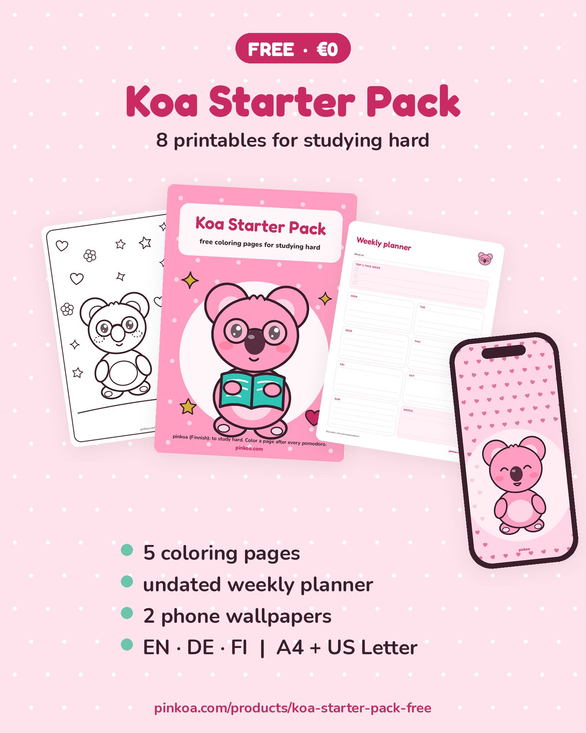 Free Koa Starter Pack: 5 coloring pages, undated weekly planner and 2 phone wallpapers
