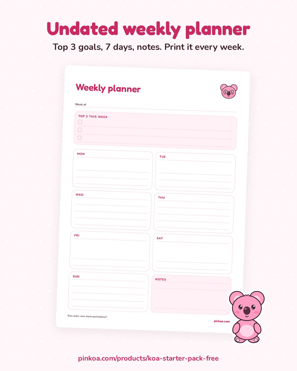 Undated weekly planner printable with Koa