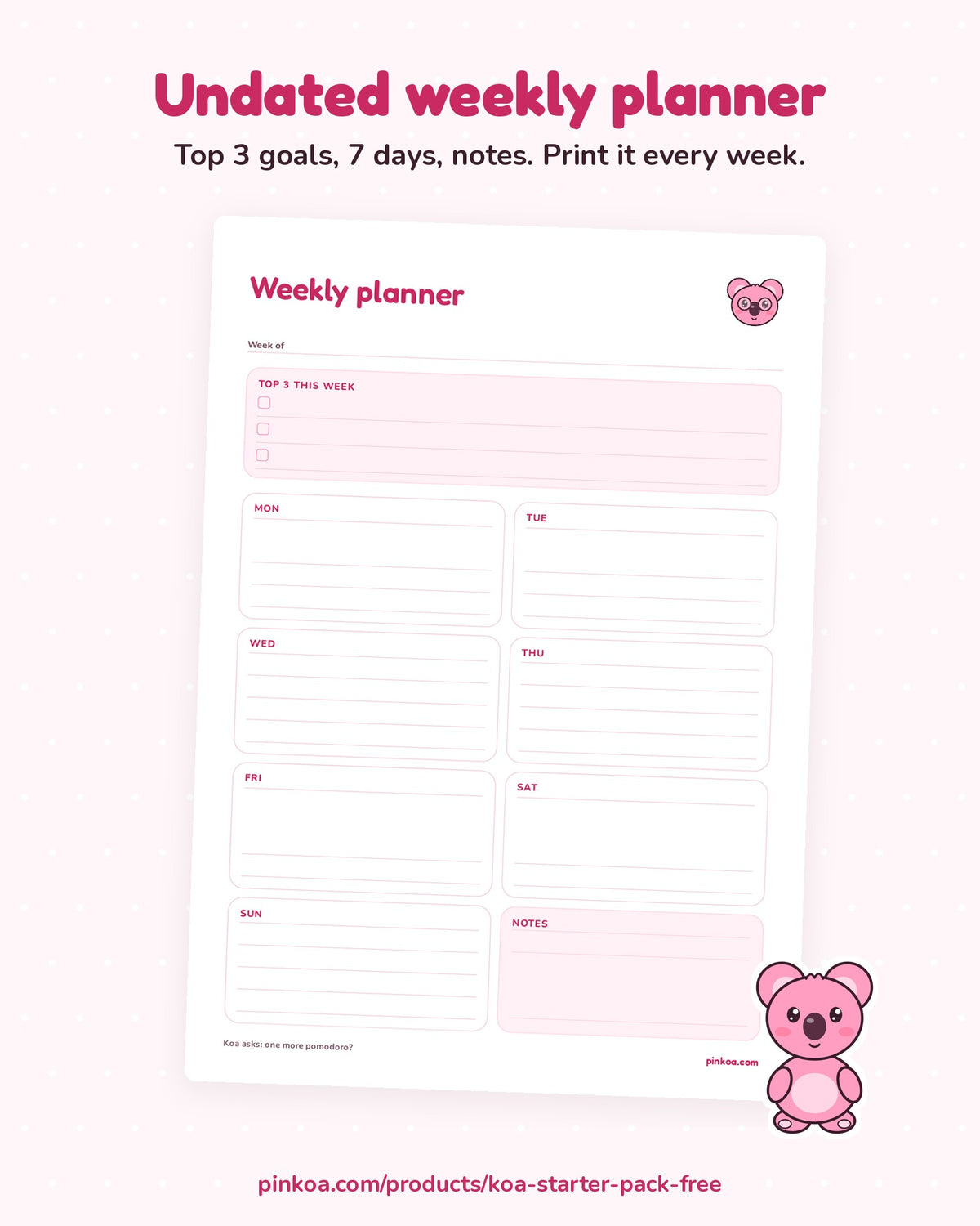 Undated weekly planner printable with Koa